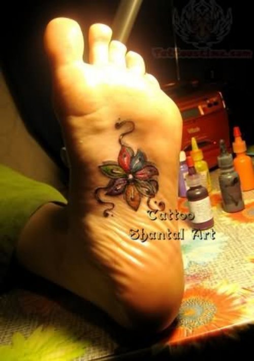 Colorful Flower Tattoo Under Foot